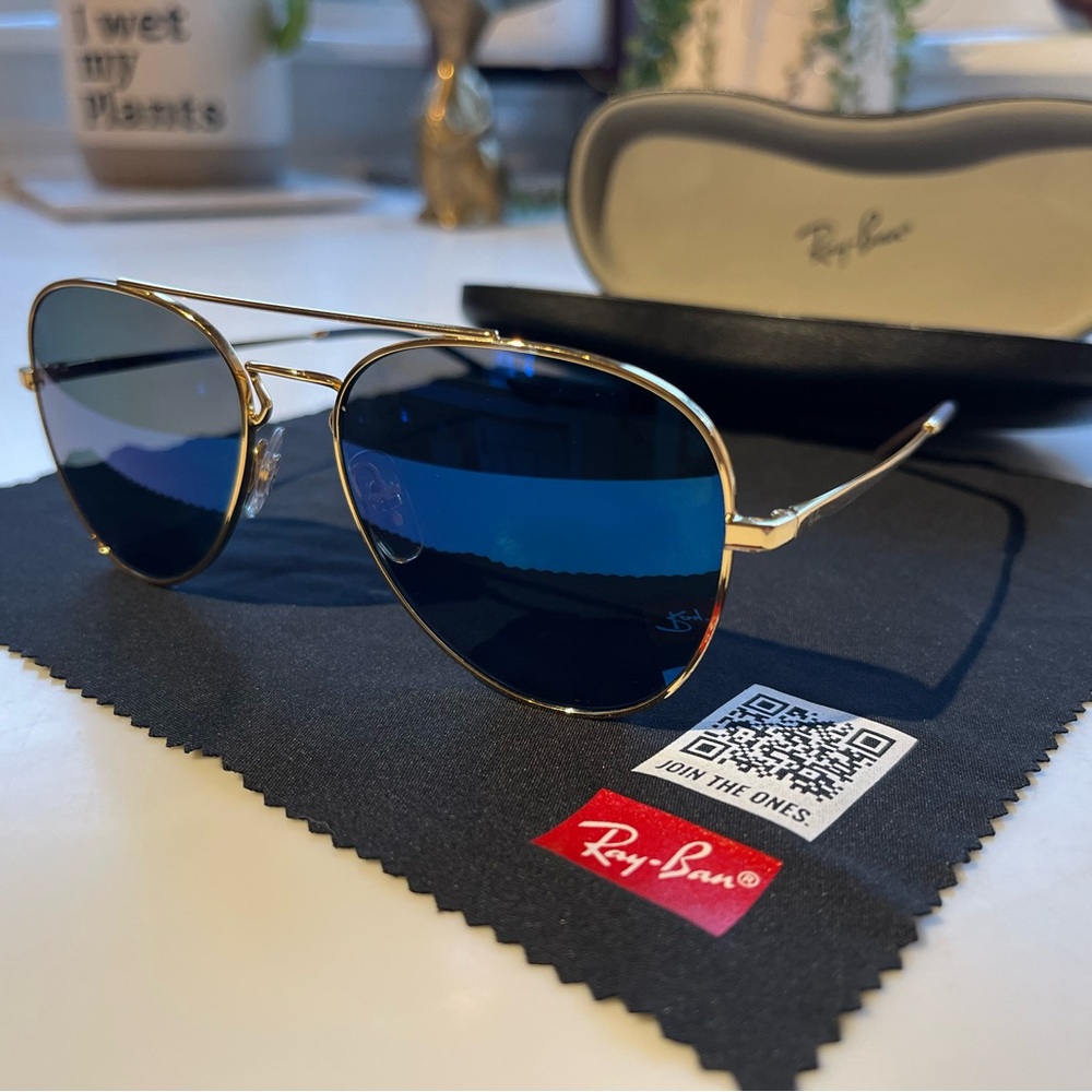 Ray-Ban 6413 frames, polished gold, blue reflective